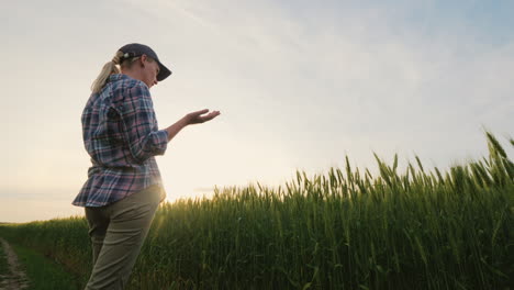 Woman-Farmer-Talking-On-The-Phone-Standing-In-A-Picturesque-Place-Near-A-Wheat-Field