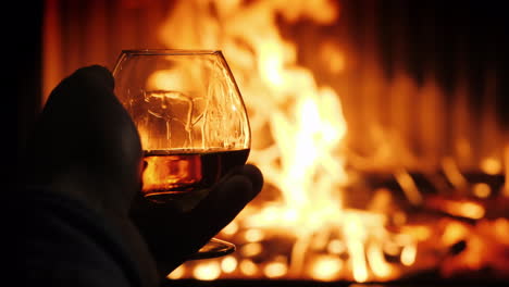 Male-Hand-With-A-Glass-Of-Cognac-On-The-Background-Of-The-Fireplace-Tasting-In-A-Cozy-Setting