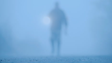 Verschwommene-Silhouette-Eines-Mannes-Im-Nebel-Mit-Einer-Blutigen-Axt-Mit-Einer-Axt-Und-Einer-Taschenlampe