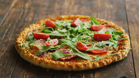 Delicious-italian-pizza-served-on-wooden-table