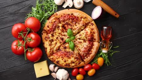 Delicious-italian-pizza-served-on-black-wooden-table
