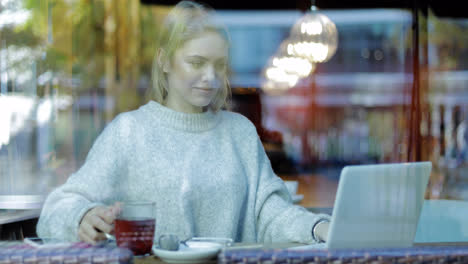 Pretty-woman-using-laptop-behind-window