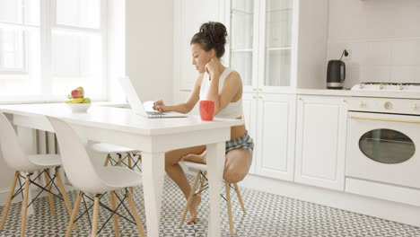 Female-sitting-in-kitchen-with-laptop